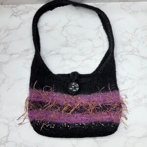 Felted Wool Shoulder Bag Handmade Black‎ Purple Striped Fringe Button Closure